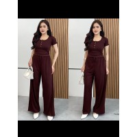 Setelan Wanita Casual Premium Maroon – Kaos Kancing & Celana Kulot Panjang